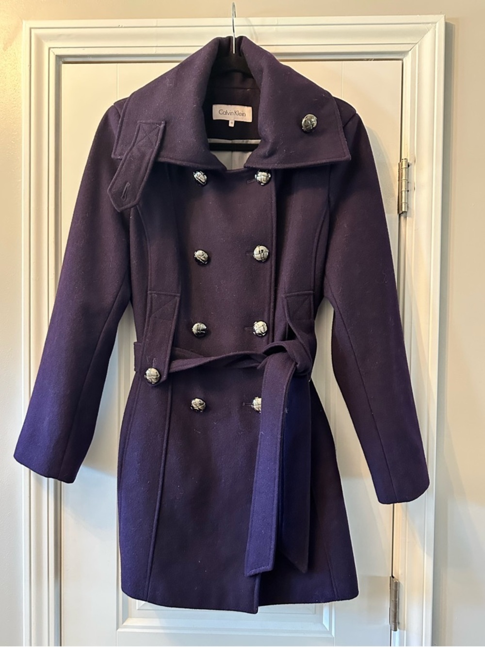Calvin Klein Double-Breasted Pea Coat with Tie in Deep Plum Size 10 - Picture 2 of 7